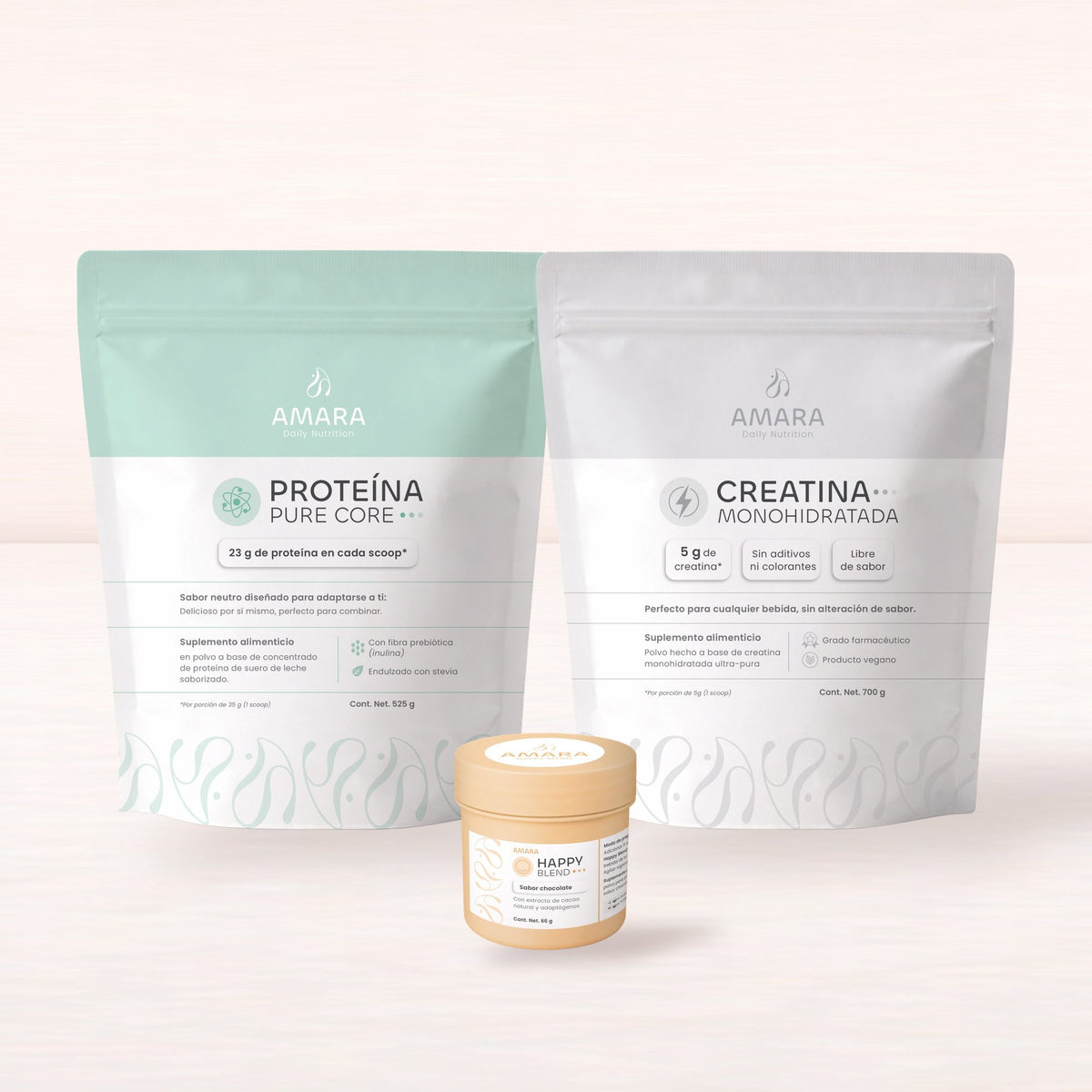 Base y fuerza: Proteína Pure Core, Happy Blend y Creatina Monohidratada de AMARA