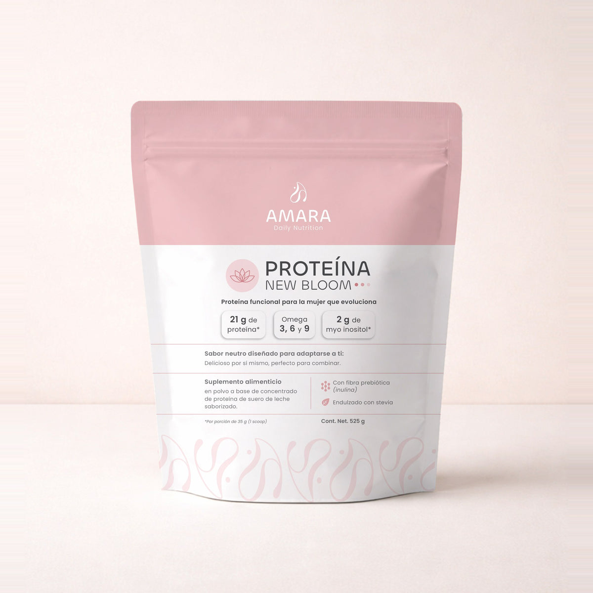 AMARA Proteína New Bloom, frente del envase de 525 g