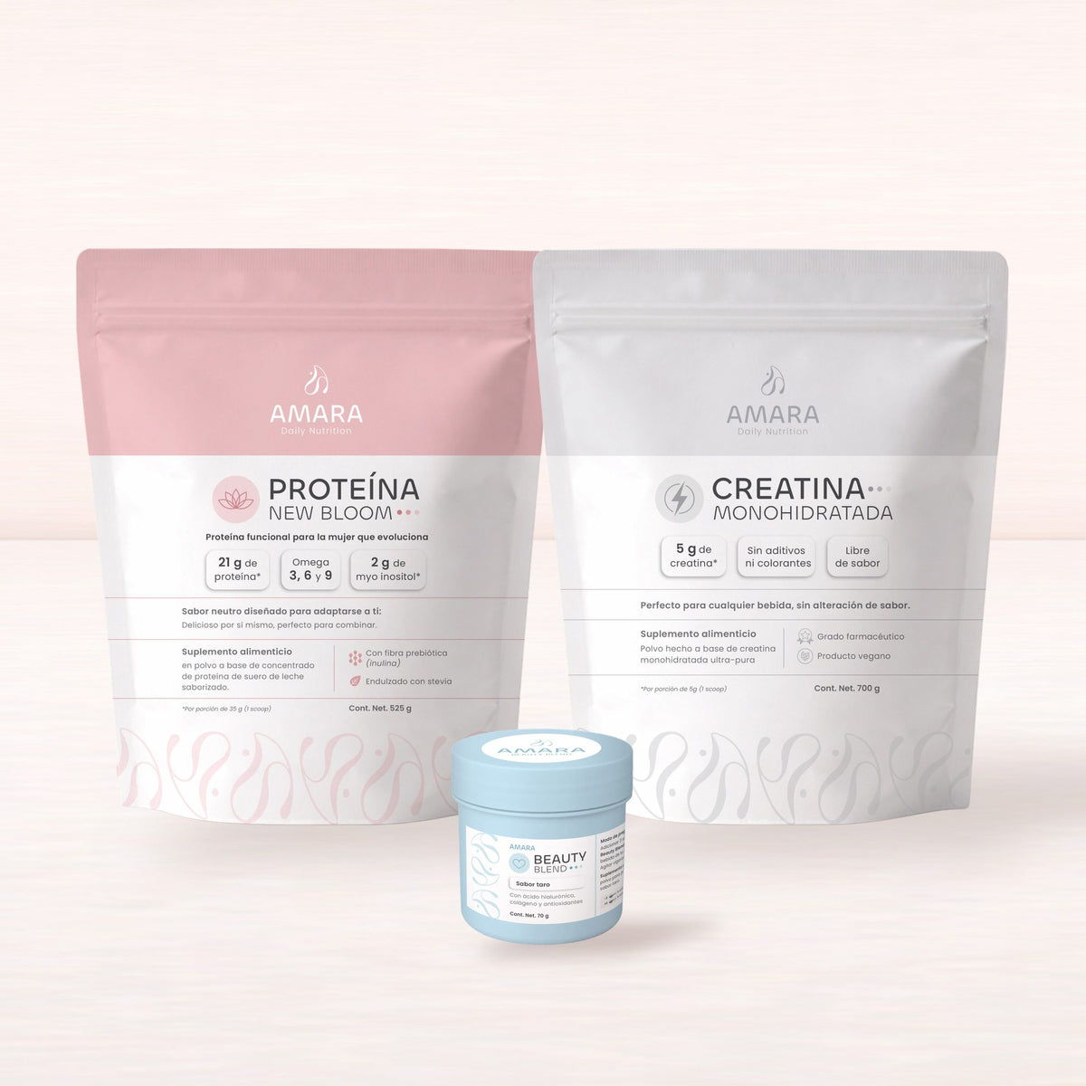 New Prime: Proteína New Bloom, Beauty Blend y Creatina Monohidratada de AMARA