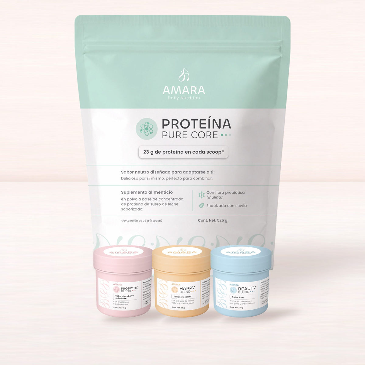 Puro ritual: Proteína Pure Core con Probiotic Blend, Happy Blend y Beauty Blend de AMARA