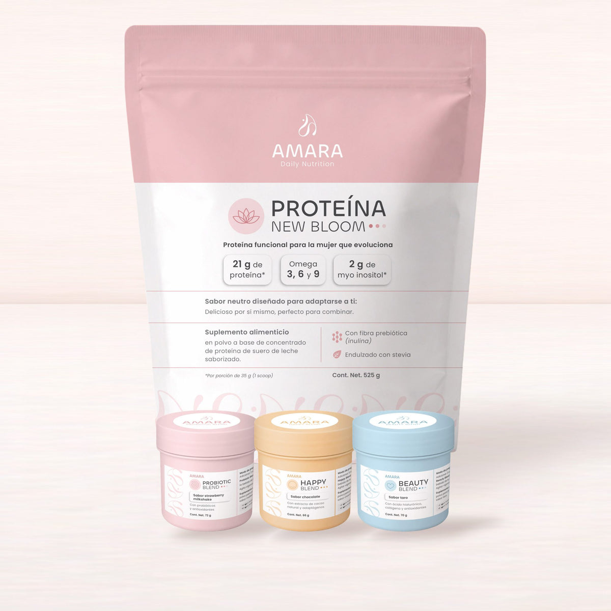 Ritual completo: Proteína New Bloom con Probiotic Blend, Happy Blend y Beauty Blend de AMARA