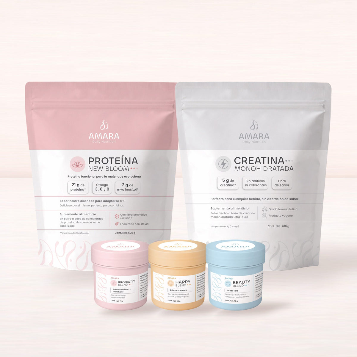 Todo con New Bloom: proteína New Bloom, los tres boosters y Creatina Monohidratada de AMARA