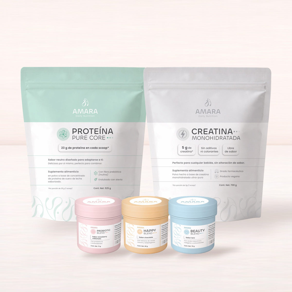 Todo con Pure Core: proteína Pure Core, los tres boosters y Creatina Monohidratada de AMARA