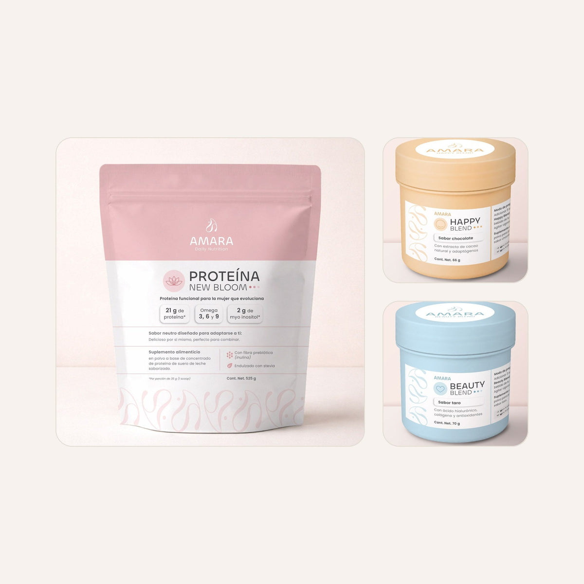 Trío: Proteína New Bloom con Happy Blend y Beauty Blend de AMARA