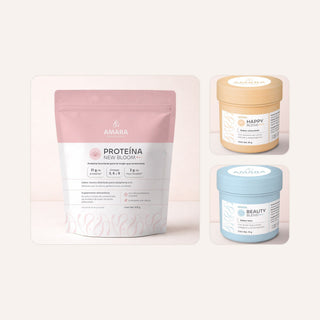 Trío: Proteína New Bloom con Happy Blend y Beauty Blend de AMARA
